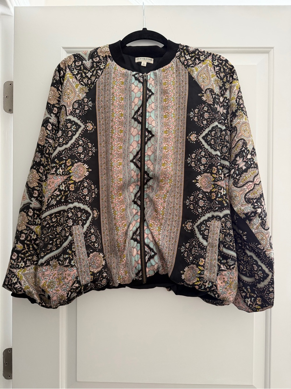 Earthbound Trading Co Paisley Floral Bomber Jacket Bubble Hem